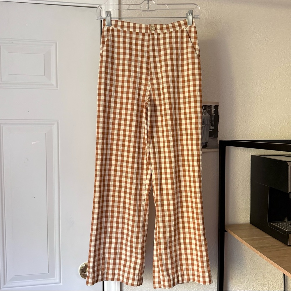 FIND ME NOW rust white‎ gingham plaid elastic straight leg cropped pants